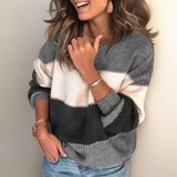 Color-block striped knit sweater with long sleeves, crew neck, grey, white, and dark charcoal