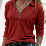 Women’s red zip-up long-sleeve pullover sweater with half zipper and stand collar