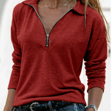 Women’s red zip-up long-sleeve pullover sweater with half zipper and stand collar