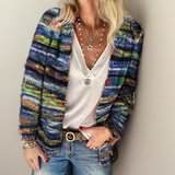 Multicolor striped knit pullover, long sleeves and open front