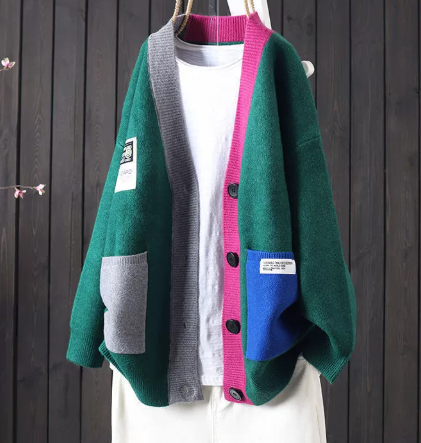 Liane™ color-block cardigan in green with pink button placket and side patch pockets