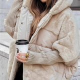 Beige hooded puffer jacket with faux-fur trim and quilted front zipper