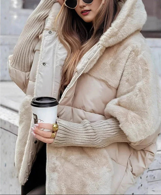 Beige hooded puffer jacket with faux-fur trim and quilted front zipper