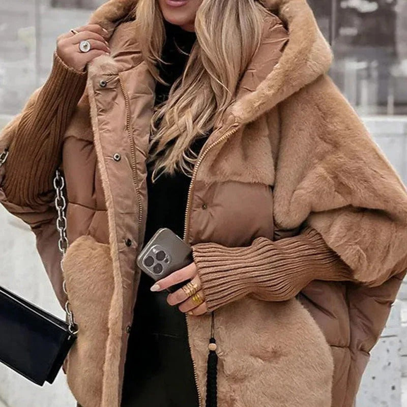 Brown hooded puffer jacket with faux-fur collar and ribbed knit cuffs