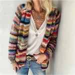 Multicolor striped knit cardigan with long sleeves and V-neck ribbed trim