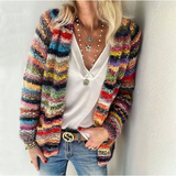 Multicolor striped knit cardigan with long sleeves and V-neck ribbed trim