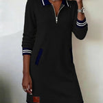 Black long-sleeve cotton zip dress with striped cuffs and hem, patch pockets