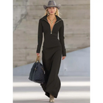 Black turtleneck maxi dress with long sleeves and front zipper detail