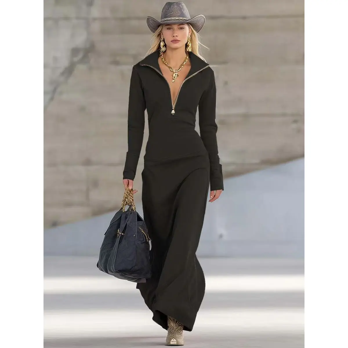 Black turtleneck maxi dress with long sleeves and front zipper detail