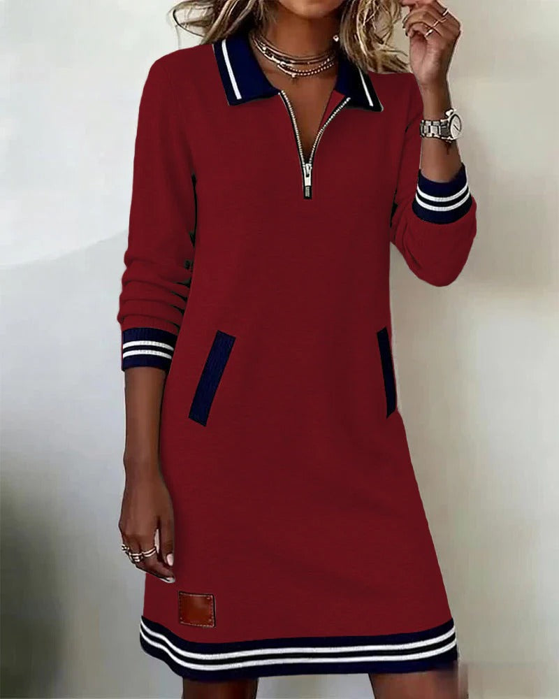 Red long-sleeve cotton zip dress with navy striped cuffs and hem, patch pocket detail