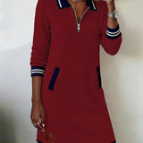 Red long-sleeve cotton zip dress with navy striped cuffs and hem, patch pocket detail