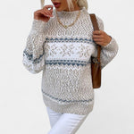 Classic retro knit sweater, crew neck, long sleeves, cream with blue pattern