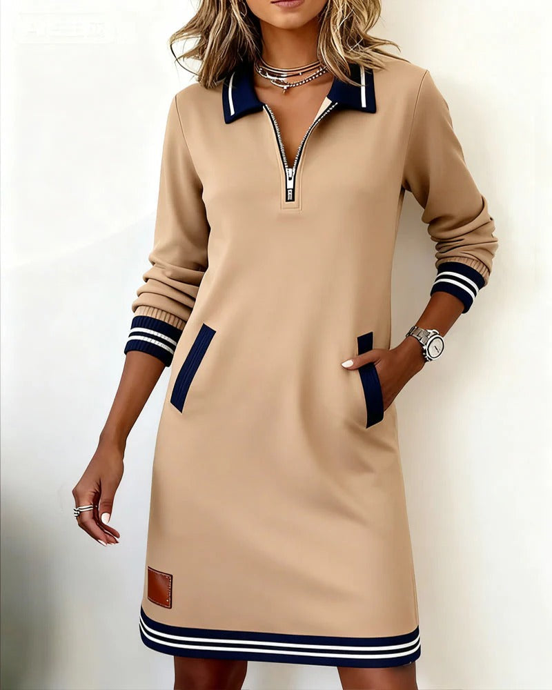 Long-sleeve cotton dress in tan with half-zip, striped collar and cuffs, side panels