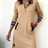 Long-sleeve cotton dress in tan with half-zip, striped collar and cuffs, side panels