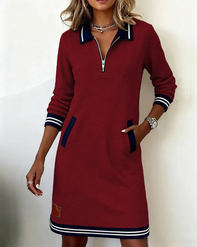 Long-sleeve cotton dress, deep red with quarter-zip and striped cuffs and hem