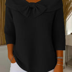 Black women's knit sweater with oversized bow at neckline, 3/4 sleeves