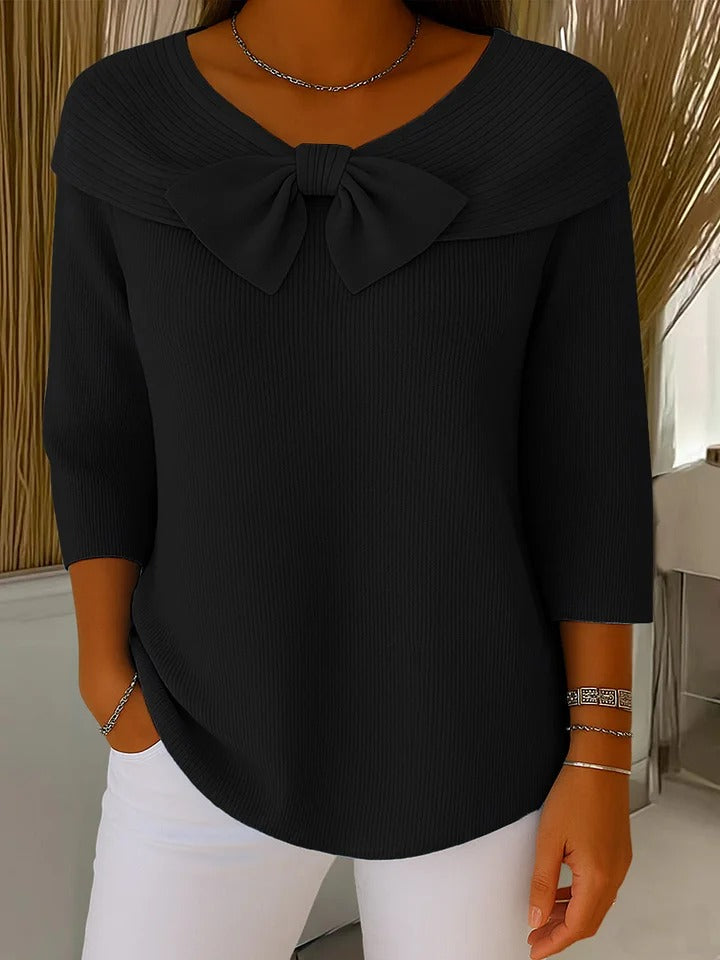 Black women's knit sweater with oversized bow at neckline, 3/4 sleeves
