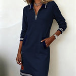 Navy long-sleeve cotton zip dress with striped cuffs and hem, patch pockets