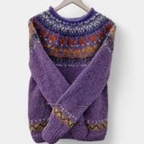 Purple retro knit pullover sweater with crew neck and colorful fair isle yoke pattern