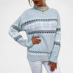 Retro knit sweater, light blue with Fair Isle yoke and zigzag pattern, crew neck.