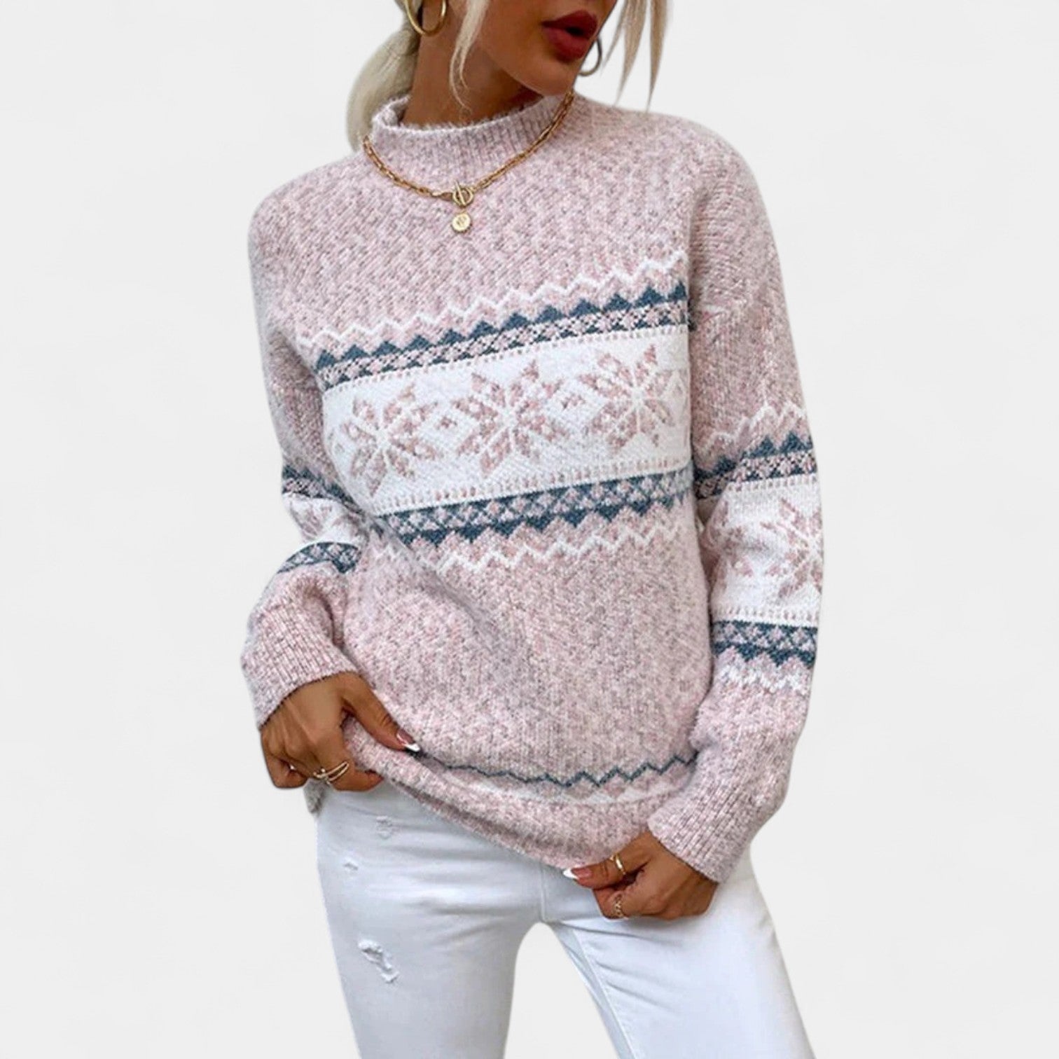 Women’s retro knit pullover sweater in heather purple with fair isle yoke pattern