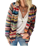 Multicolor striped knit pullover with long sleeves and ribbed V-neck