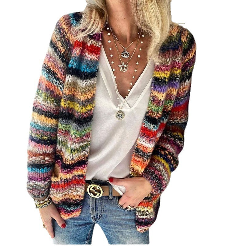 Multicolor striped knit pullover with long sleeves and ribbed V-neck
