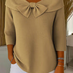 Beige women's knit sweater with oversized bow at neckline, 3/4 sleeves