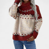 Retro knit sweater with color-block yoke, burgundy and cream pattern, long sleeves