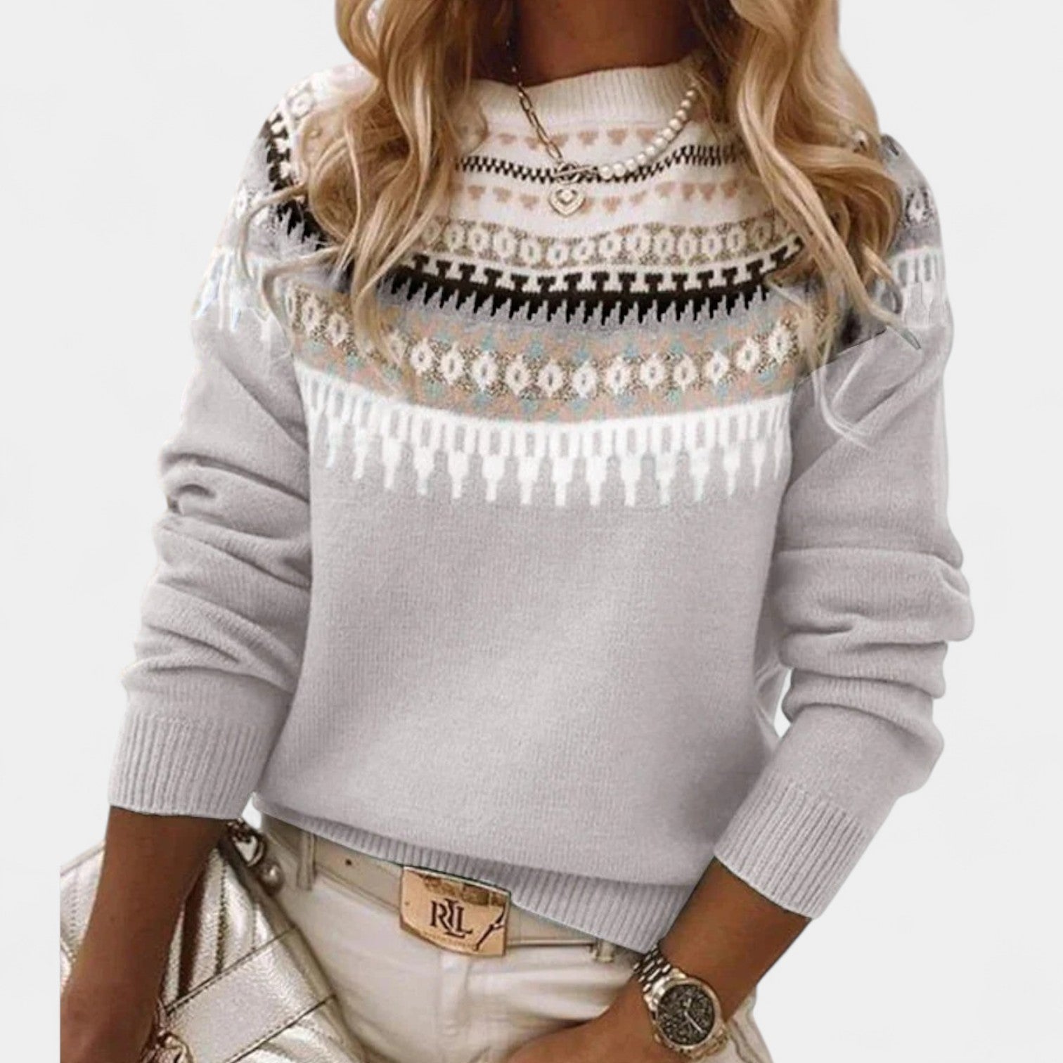 Maja classic retro sweater, light gray with fair isle yoke and ribbed cuffs.