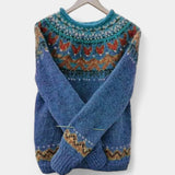 Blue retro knit sweater with round neck and multicolor Fair Isle pattern