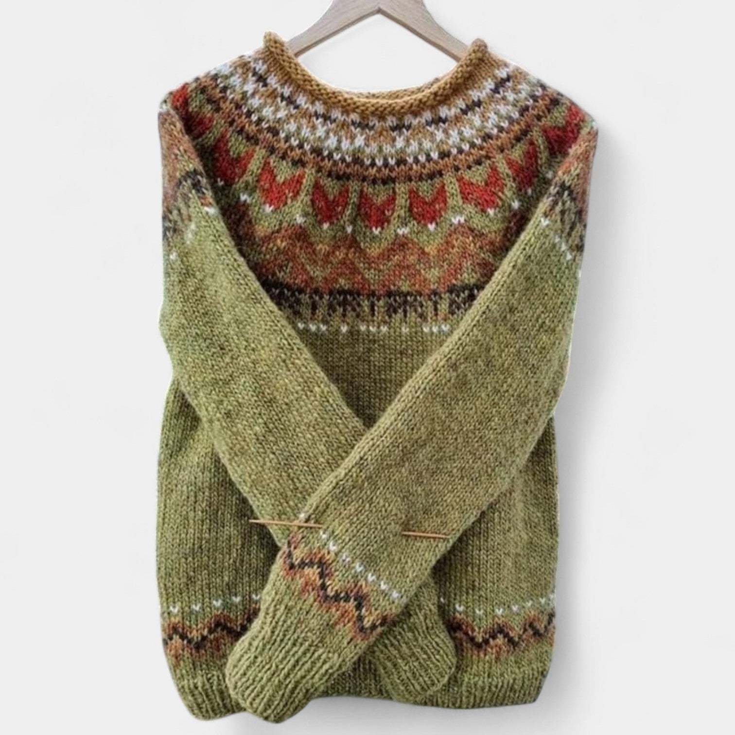 Olive green retro knit sweater with fair isle yoke pattern, crew neck and ribbed cuffs