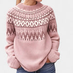 Classic retro sweater in dusty pink with fair isle pattern, crew neck, ribbed cuffs