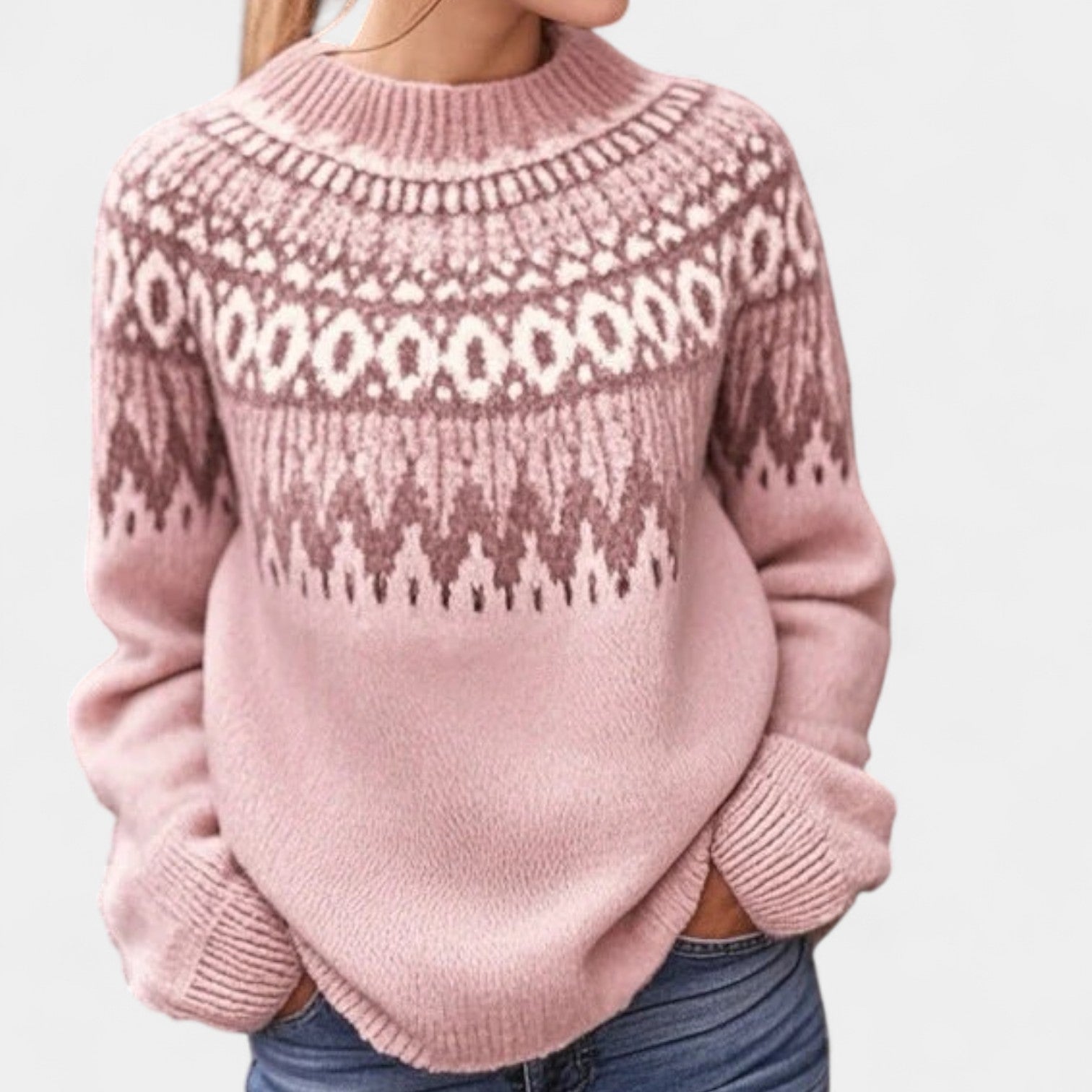 Classic retro sweater in dusty pink with fair isle pattern, crew neck, ribbed cuffs