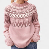 Classic retro sweater in dusty pink with fair isle pattern, crew neck, ribbed cuffs