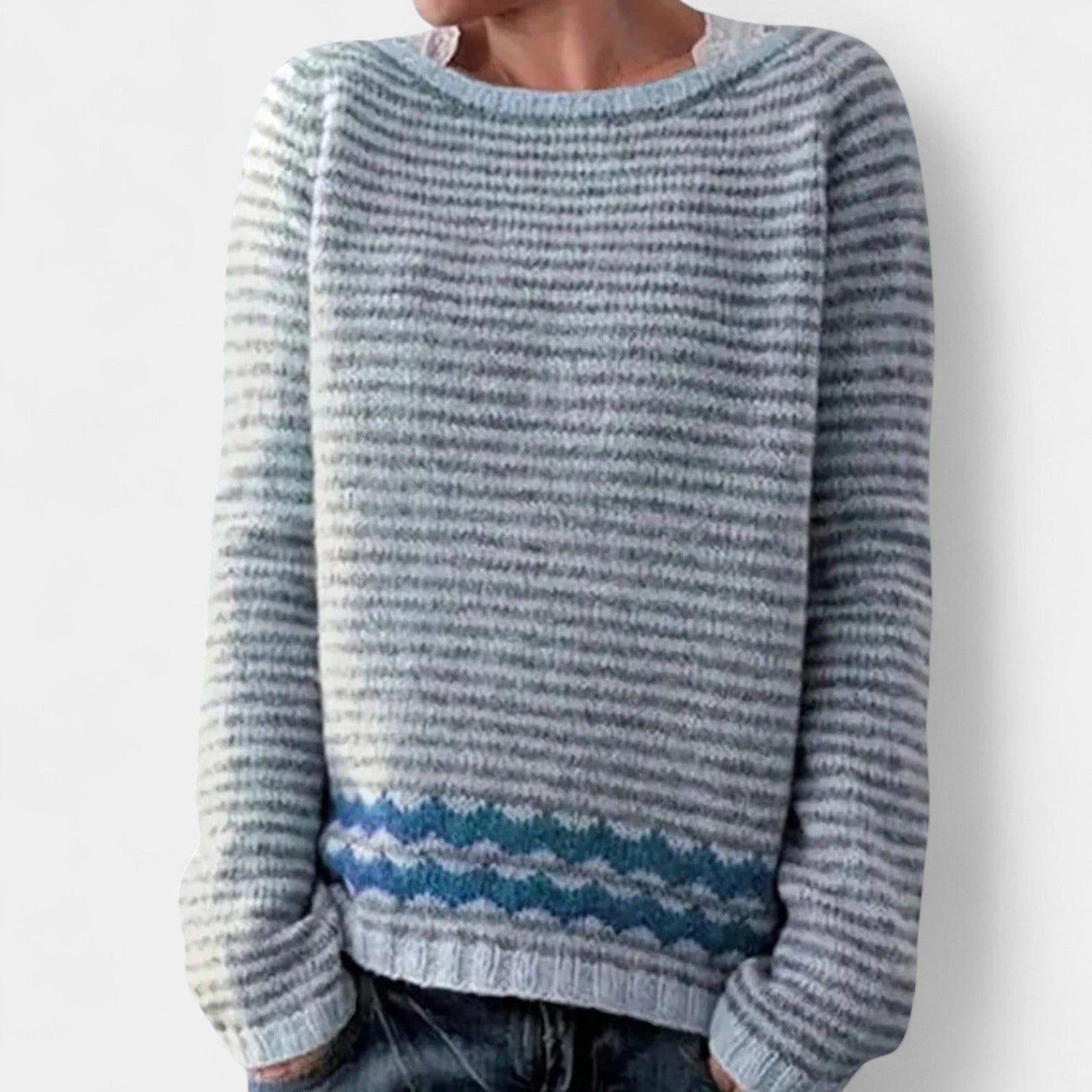 Classic retro striped knit sweater, light blue and white, crew neck, long sleeves