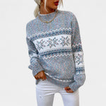 Retro knit pullover in blue with white fair isle stripe yoke, long sleeves