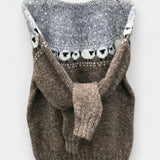 Retro knit pullover with long sleeves, crew neck, and owl-style intarsia pattern