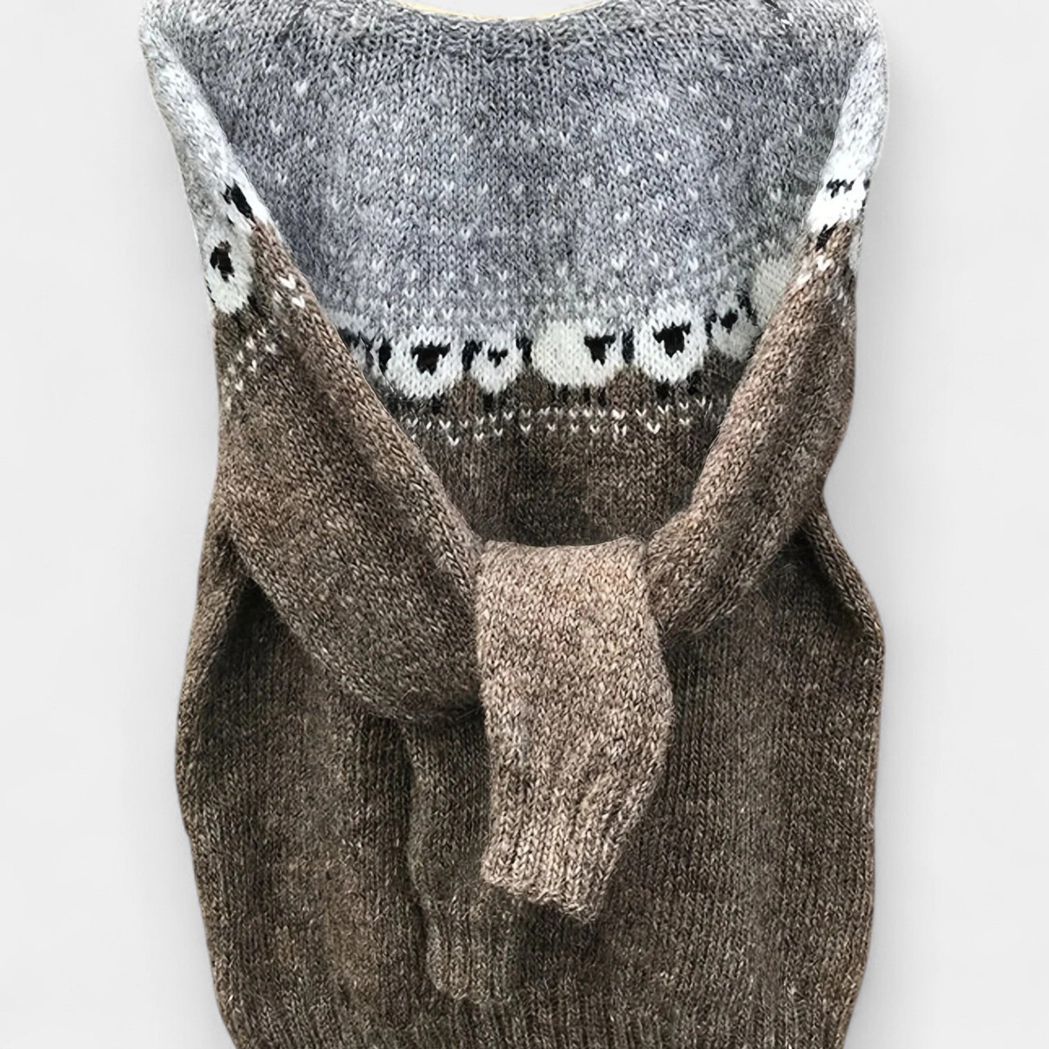 Retro knit pullover with long sleeves, crew neck, and owl-style intarsia pattern
