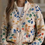 Imogene women's knit cardigan with multicolor leaf pattern and front zipper