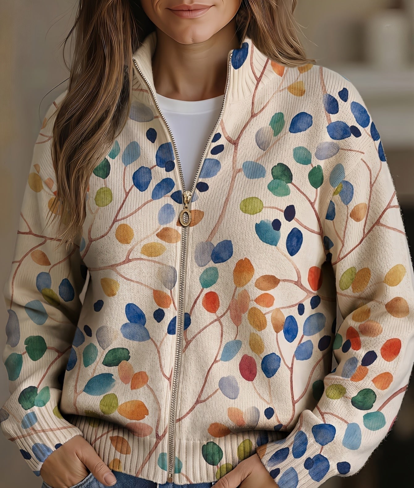 Imogene women's knit cardigan with multicolor leaf pattern and front zipper