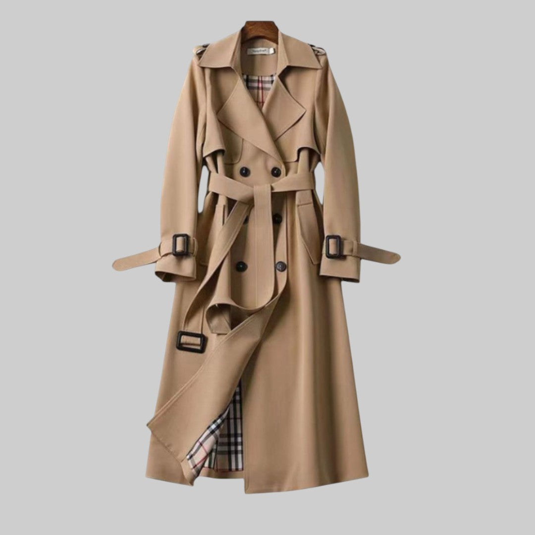 Beige trench coat front view with belt, double-breasted buttons, and shoulder tabs