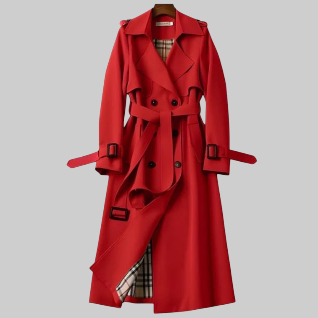 Red classic trench coat with belt, double-breasted buttons, and cuff tabs