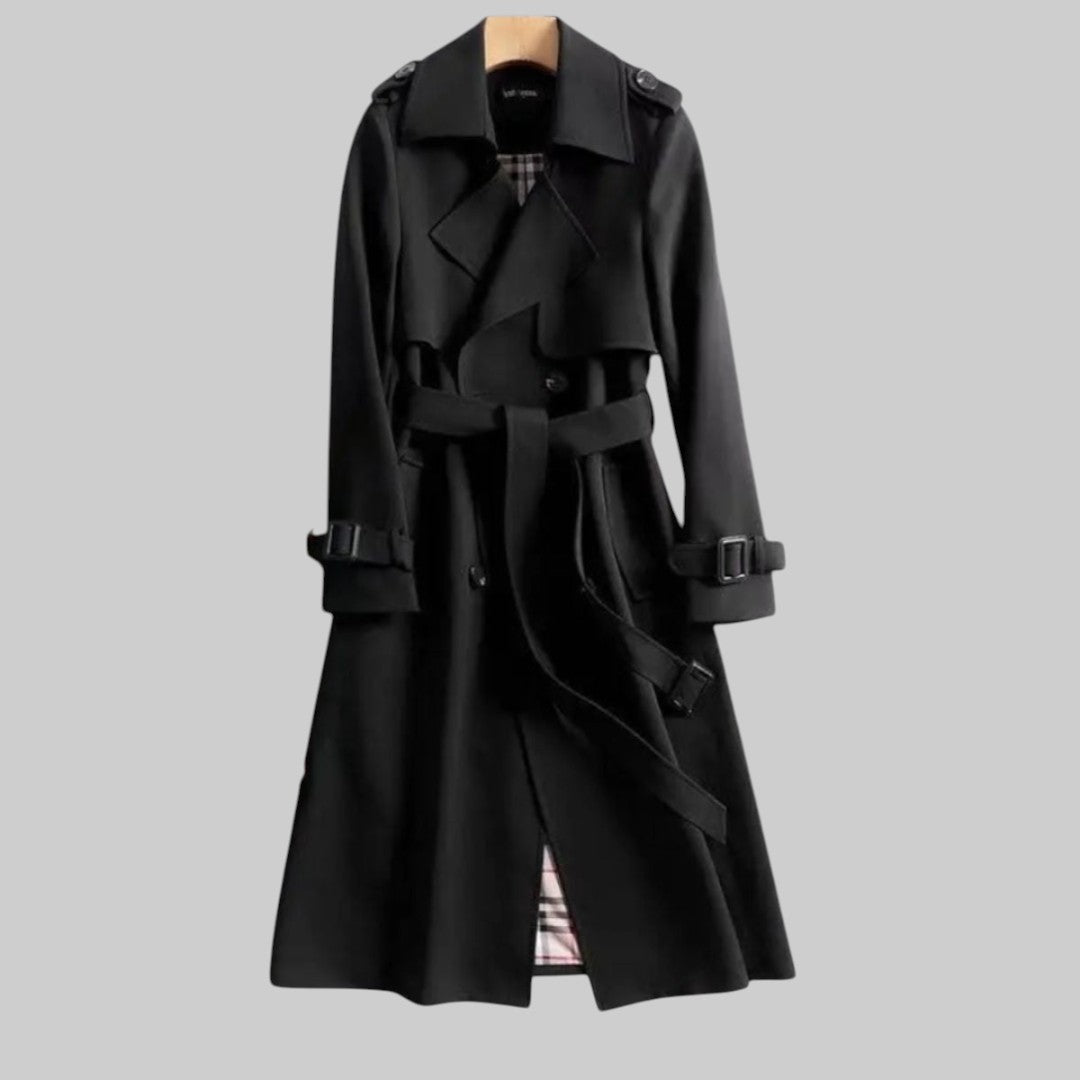 Black classic double-breasted trench coat with belt and buckled sleeve tabs