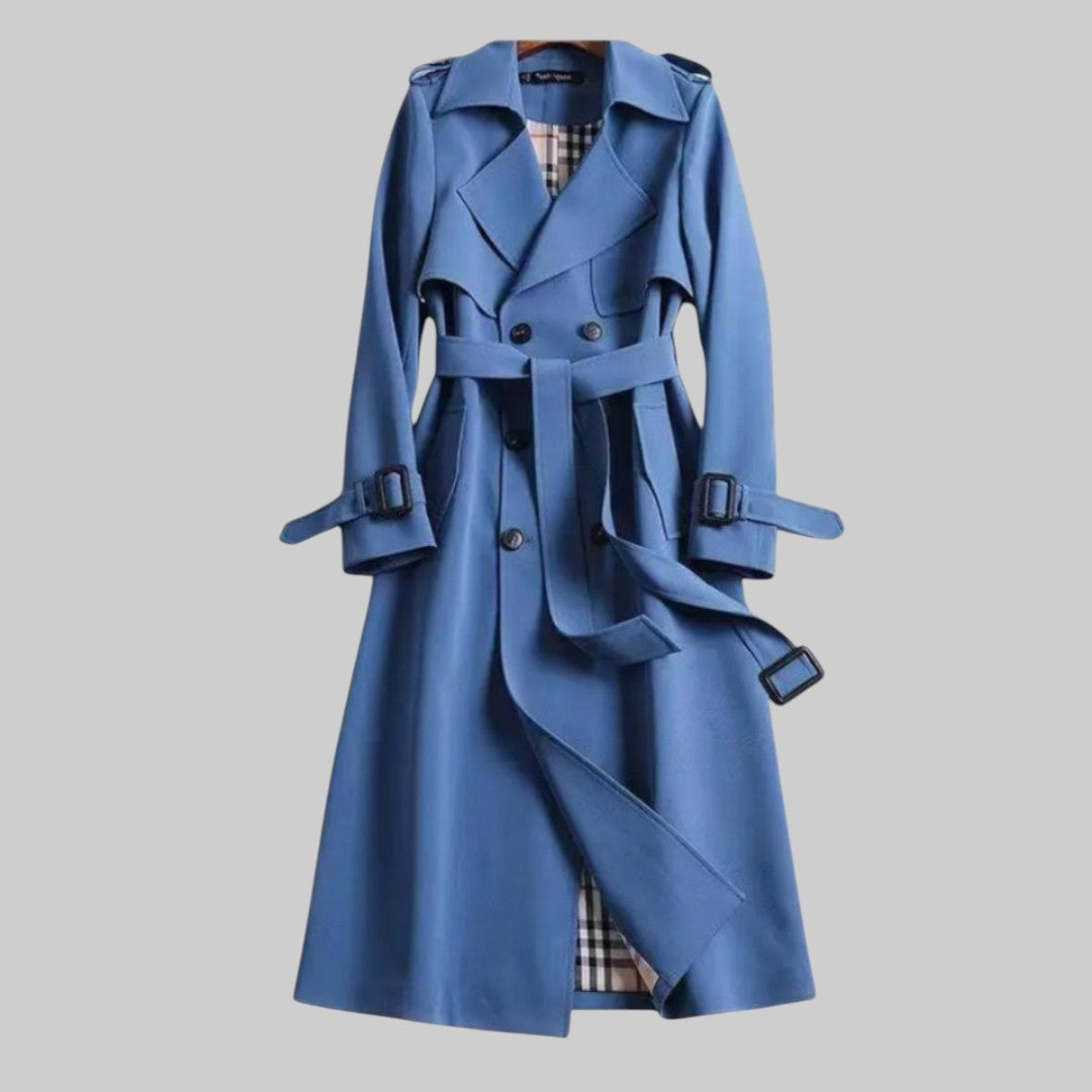 Blue trench coat with belt, double-breasted buttons, and buckled sleeve straps