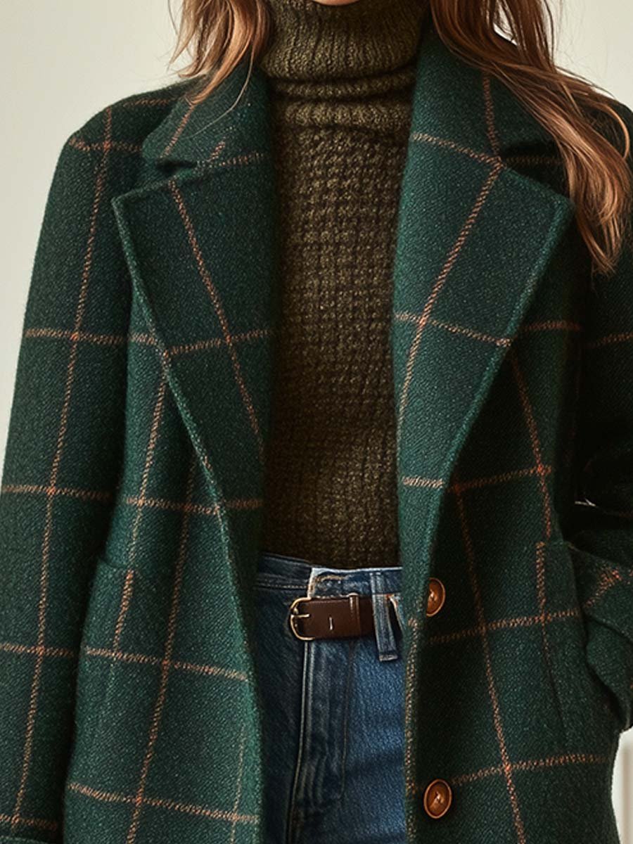 Women’s dark green plaid coat with notched lapels and button front, long sleeves