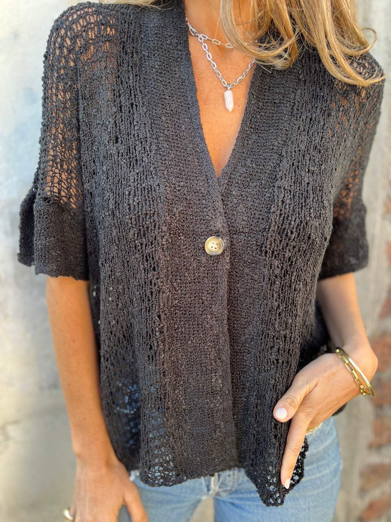 Textured knit button-front V-neck short-sleeve top in dark charcoal black