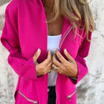 Long hooded knit cardigan, bright pink, front zip and chest pockets