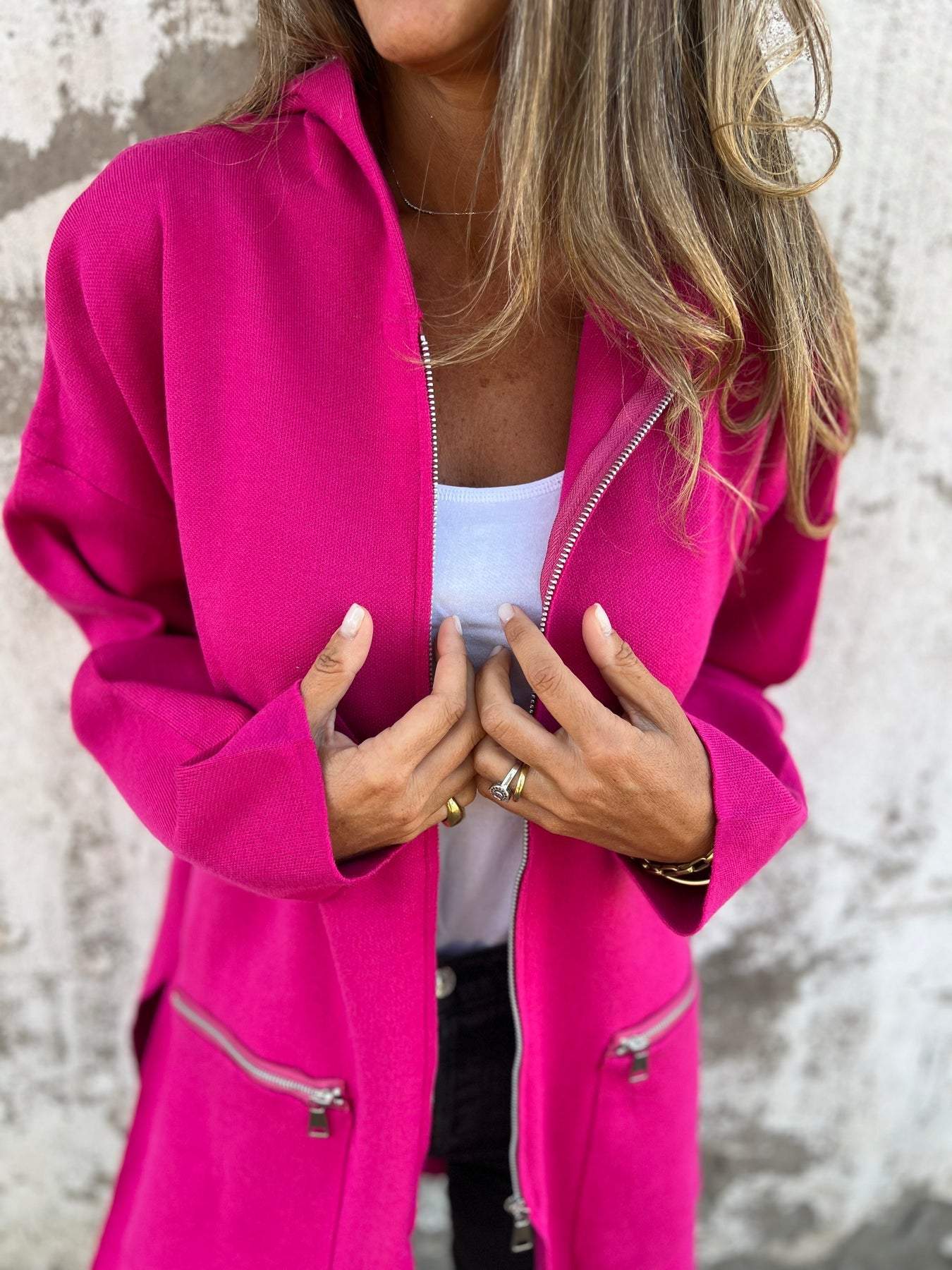 Long hooded knit cardigan, bright pink, front zip and chest pockets