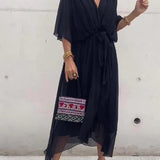 Black V-neck midi dress with draped sleeves and waist tie sash